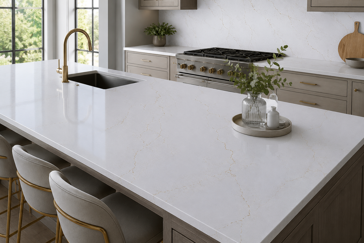 Calacatta White Quartz Slab is engineered for kitchen countertops, bathroom vanity tops and commercial projects. Calacatta White Quartz Slab is engineered for kitchen countertops, bathroom vanity tops and commercial projects.
