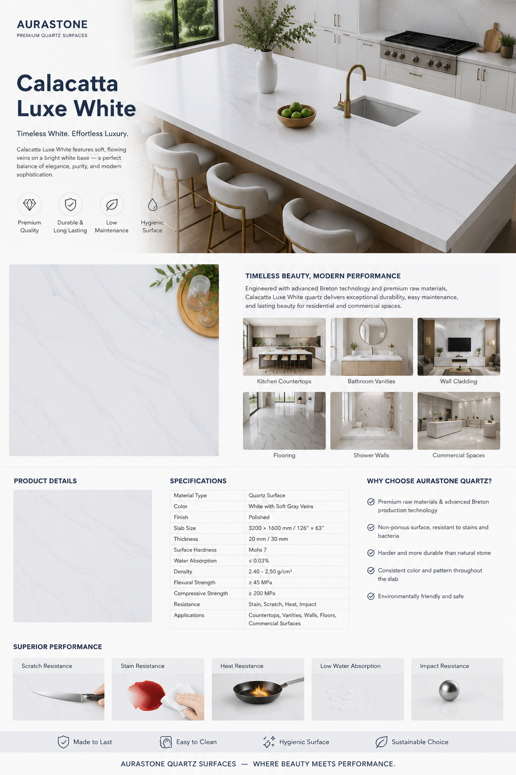 Calacatta Gold Quartz Slab for Kitchen Countertops | AURASTONE Calacatta Gold Quartz Slab for Kitchen Countertops | AURASTONE